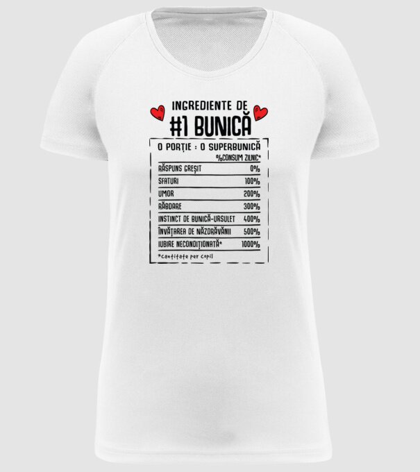 Ingrediente Bunică - o porție : o superbunică - %consum zilnic* răspuns greșit, sfaturi, umor, răbdare, instinct de bunică-ursul model alb pe tricou