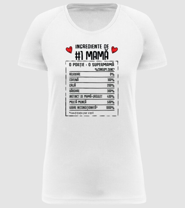 Ingrediente de Mamă - o porție : o supermamă - %consum zilnic* relaxare, cofeină, grijă, răbdare, instinct de mamă-ursuleț, mult model alb pe tricou