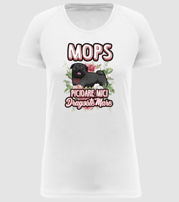 Mops negru picioare mici dragoste mare model alb pe tricou