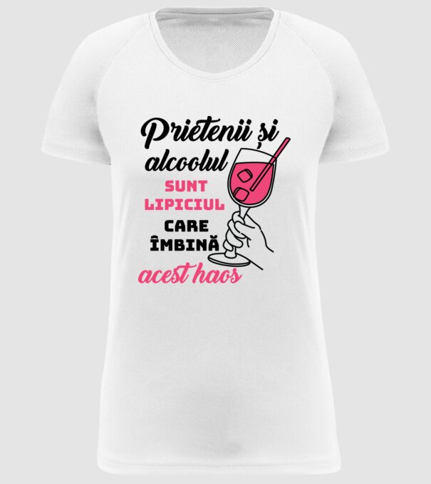 Prietenii și alcoolul sunt lipiciul care îmbină acest haos model alb pe tricou