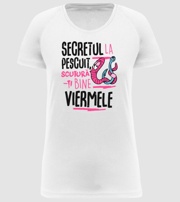 Secretul la pescuit scutură-ți bine viermele model alb pe tricou