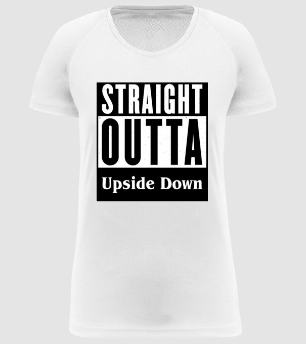 straight outta upside down model alb pe tricou