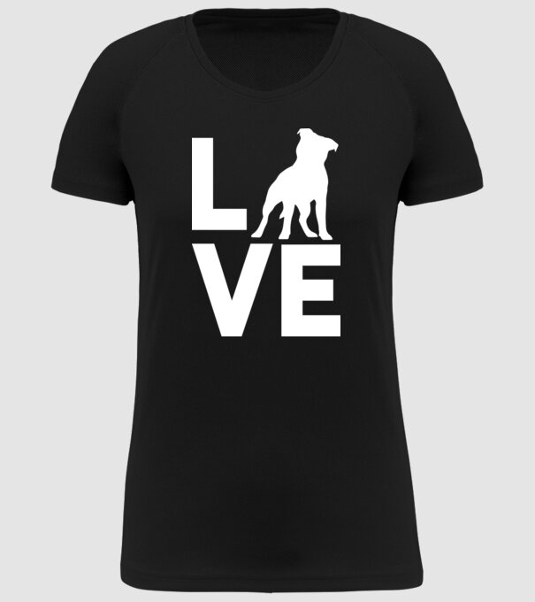 LOVE Staffordshire Terrier model negru pe tricou