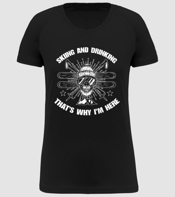 Skiing and drinking model negru pe tricou