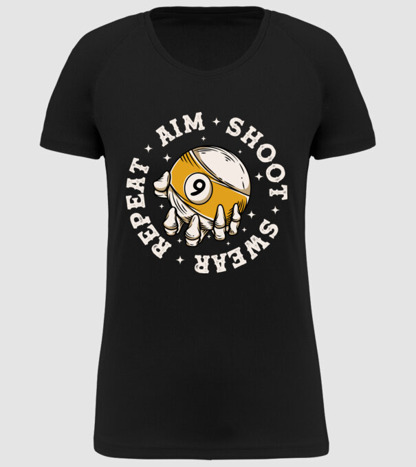 Aim Shoot Swear Repeat Biliard model negru pe tricou