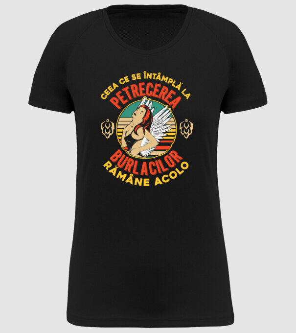 Ceea ce se întâmplă la petrecerea burlacilor rămâne la petrecerea burlacilor model negru pe tricou
