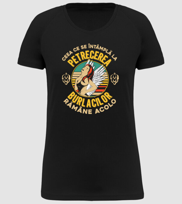 Ceea ce se întâmplă la petrecerea burlacilor rămâne la petrecerea burlacilor model negru pe tricou