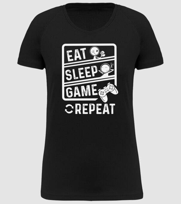 Eat sleep game repeat model negru pe tricou