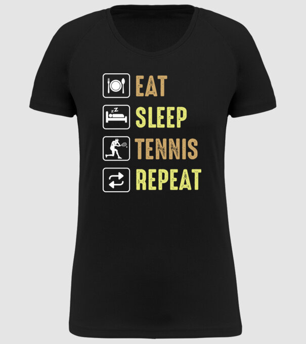 eat sleep tennis repeat model negru pe tricou