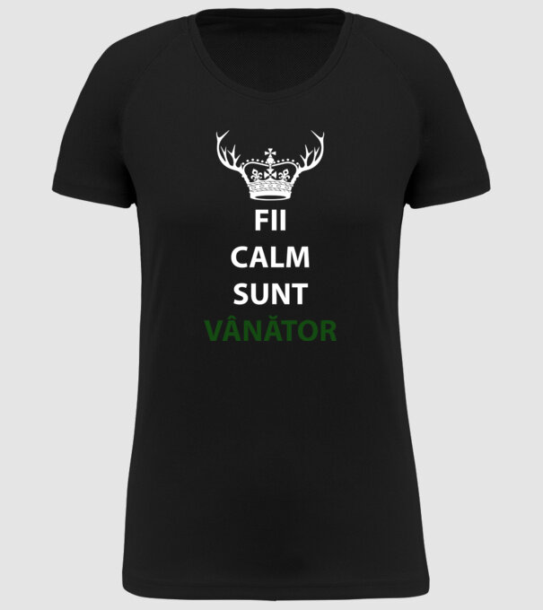 fii calm, sunt vânător model negru pe tricou