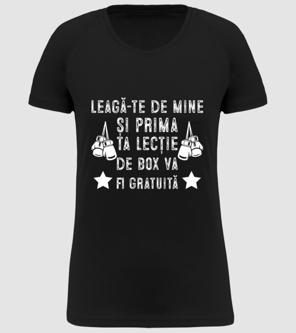 Leagă-te de mine și prima ta lecție de box va fi gratuită model negru pe tricou