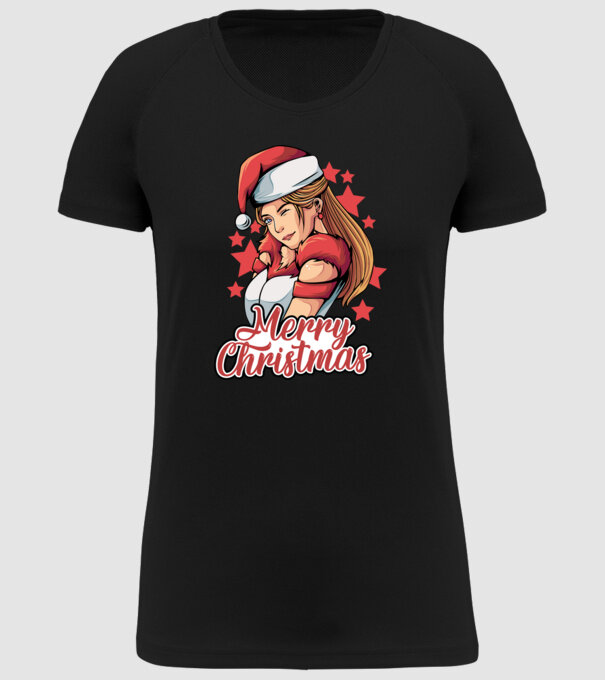 Merry christmas santa girl model negru pe tricou