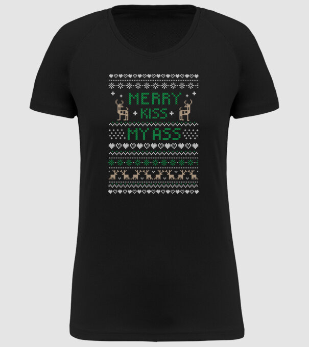Merry kiss my ass ugly sweater model negru pe tricou