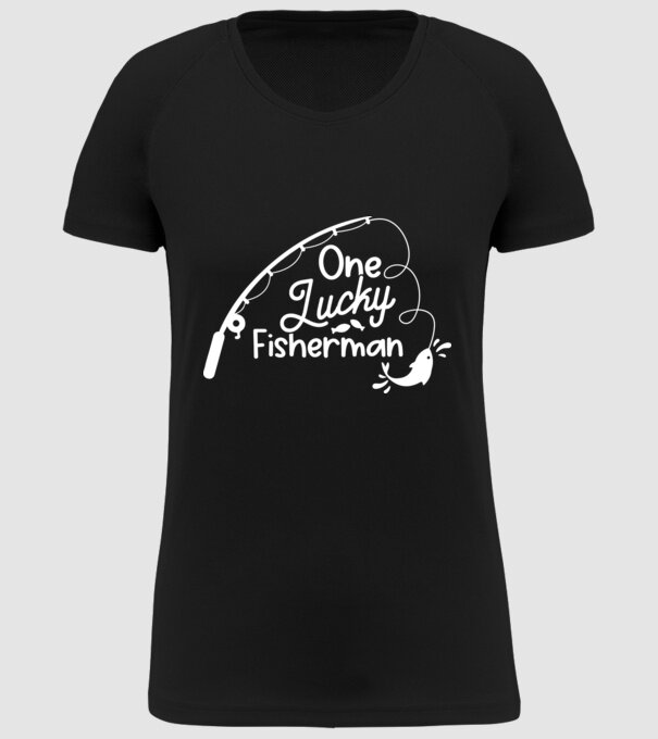 One lucky Fisherman model negru pe tricou