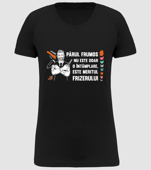 părul frumos nu este doar o întâmplare, este meritul frizerului model negru pe tricou