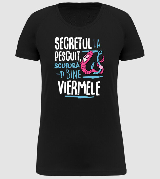 Secretul la pescuit scutură-ți bine viermele model negru pe tricou