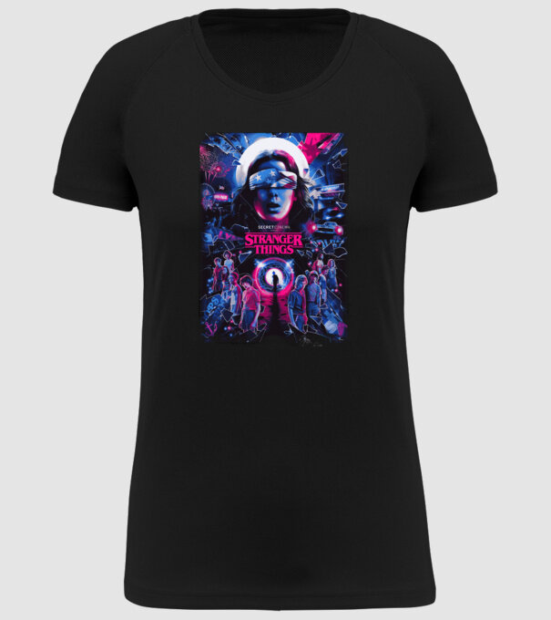 stranger things poster neon model negru pe tricou