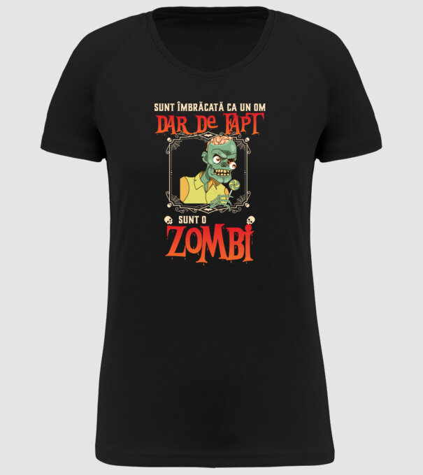 sunt îmbrăcat ca un om, dar de fapt sunt un zombi model negru pe tricou