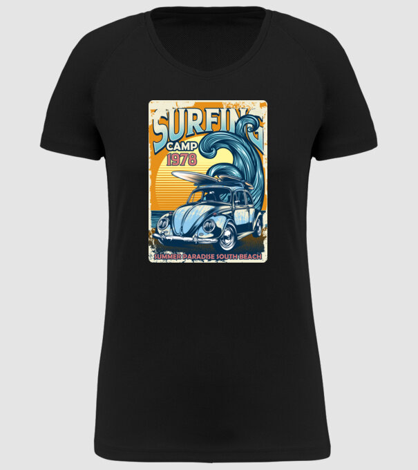 Surfer Camp model negru pe tricou