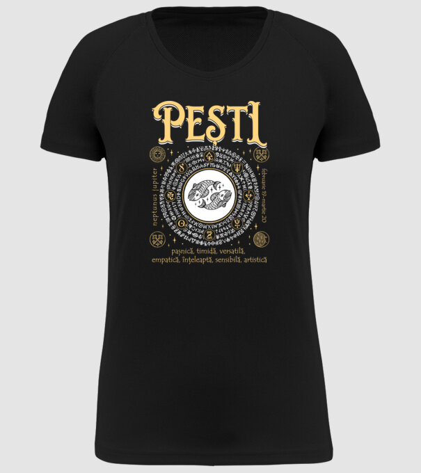 Zodiac femeie PEȘTI golden model negru pe tricou