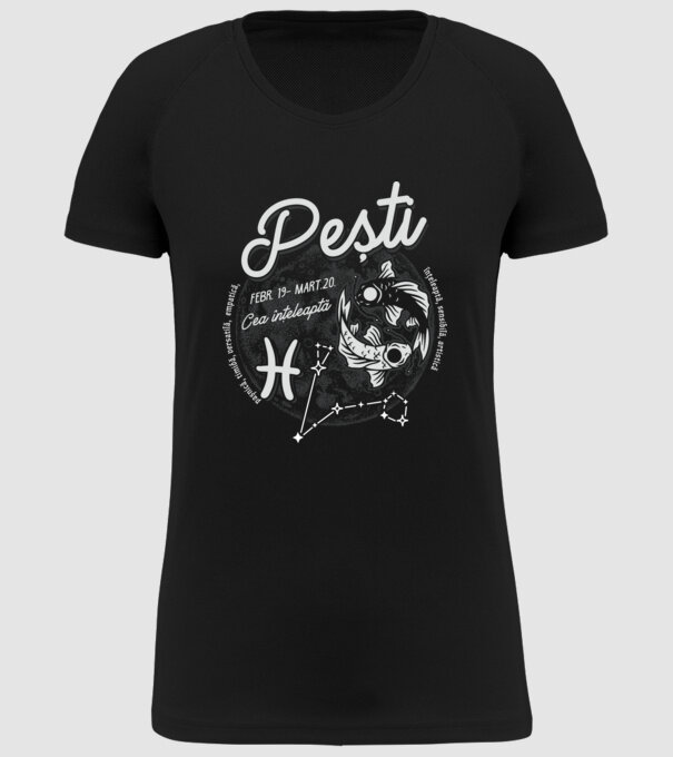 Zodiac femeie PEȘTI retro model negru pe tricou