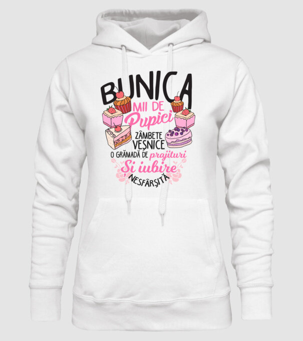 bunica - mii de pupici, zâmbete veșnice, o grămadă de prăjituri și iubire nesfârșită model alb pe tricou