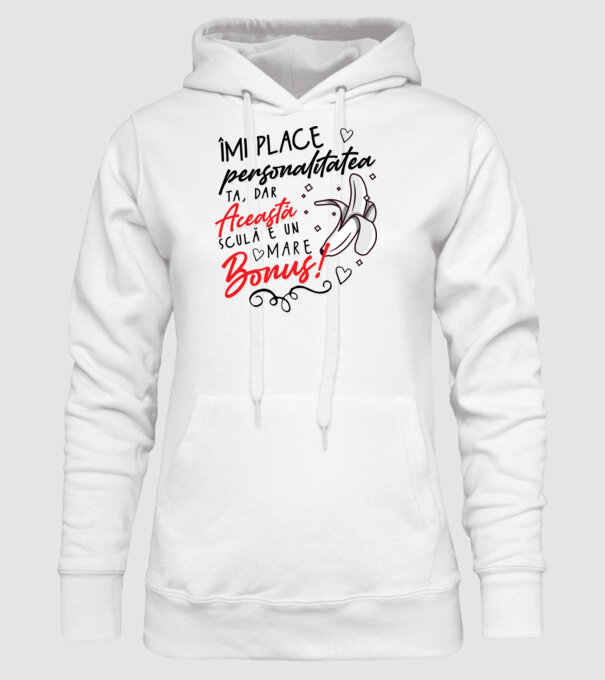 Dar această sculă e un mare bonus! model alb pe tricou