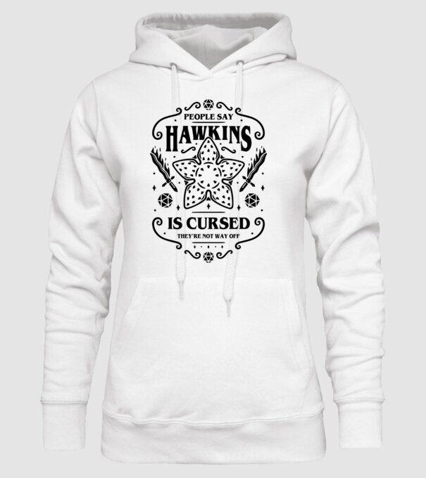 hawkins is cursed model alb pe tricou
