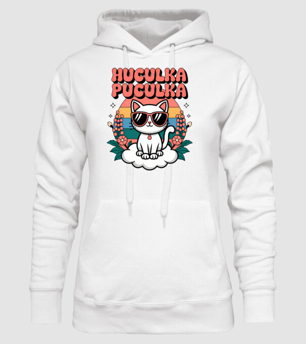 Huculka Puculka pisică 1 model alb pe tricou