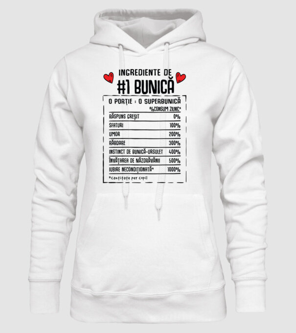 Ingrediente Bunică - o porție : o superbunică - %consum zilnic* răspuns greșit, sfaturi, umor, răbdare, instinct de bunică-ursul model alb pe tricou