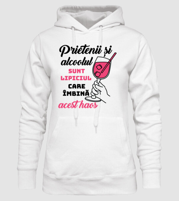 Prietenii și alcoolul sunt lipiciul care îmbină acest haos model alb pe tricou