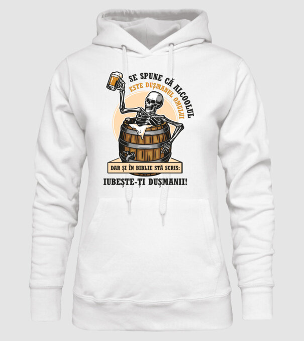 Se spune că alcoolul este dușmanul omului, dar și în biblie stă scris: iubește-ți dușmanii! model alb pe tricou