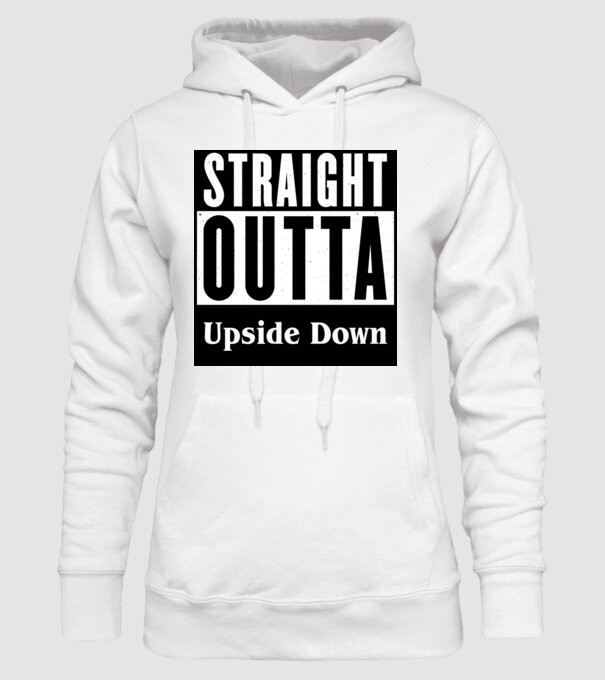 straight outta upside down model alb pe tricou