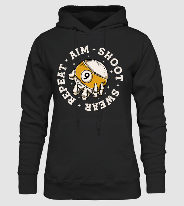 Aim Shoot Swear Repeat Biliard model negru pe tricou