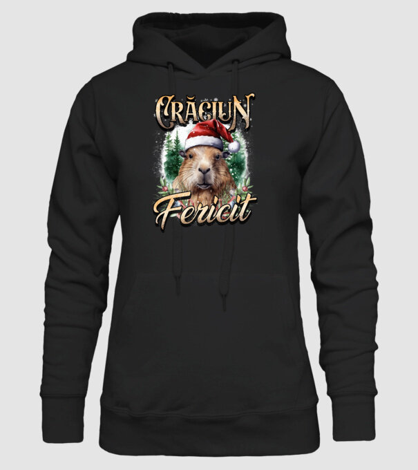 Capybara christmas model negru pe tricou