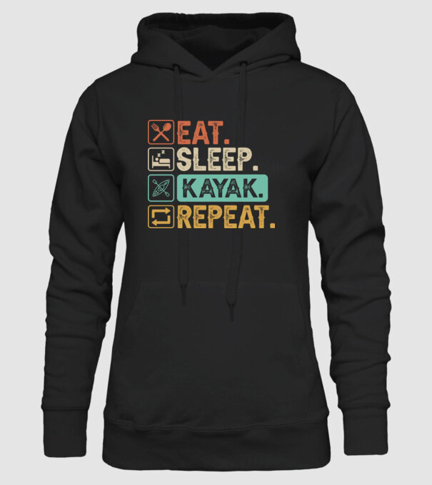 Eat Sleep Kayak model negru pe tricou