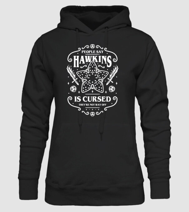 hawkins is cursed black model negru pe tricou