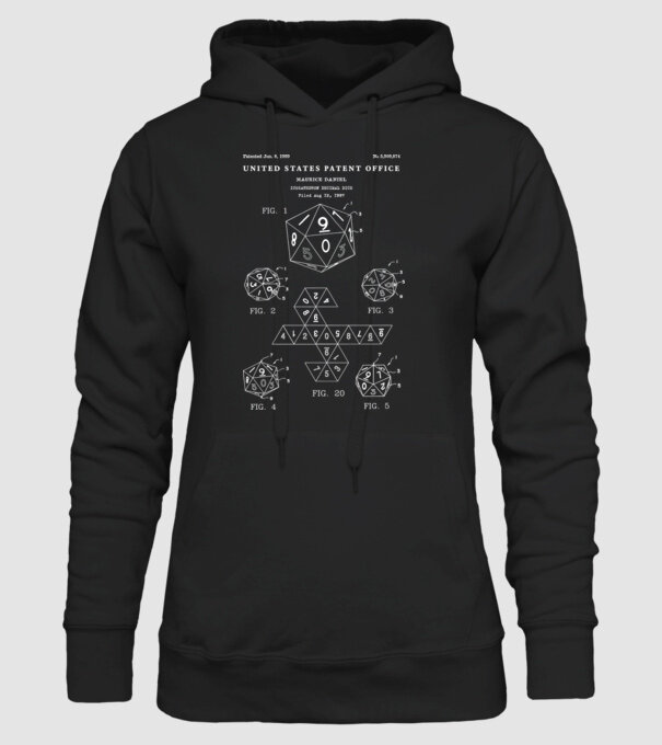 Icosahedron decimal dice patent model negru pe tricou