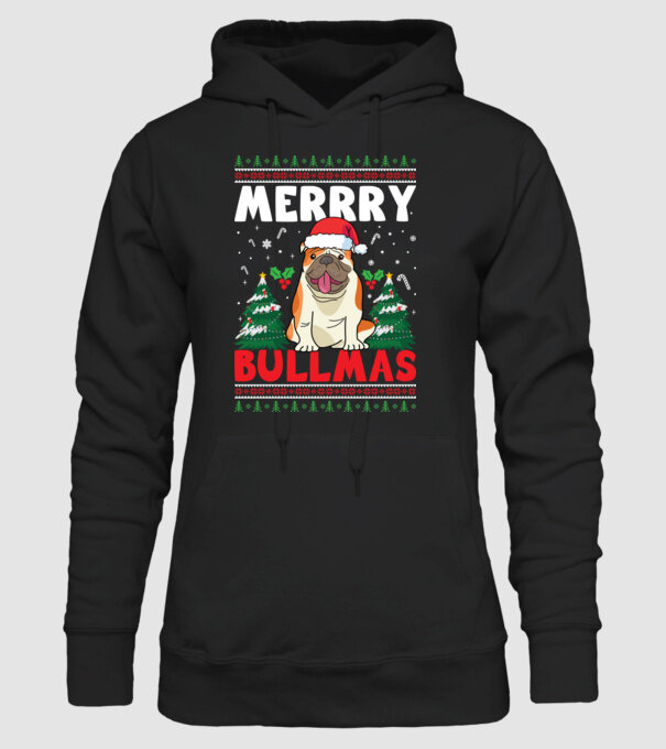 Merry bullmas ugly sweater model negru pe tricou