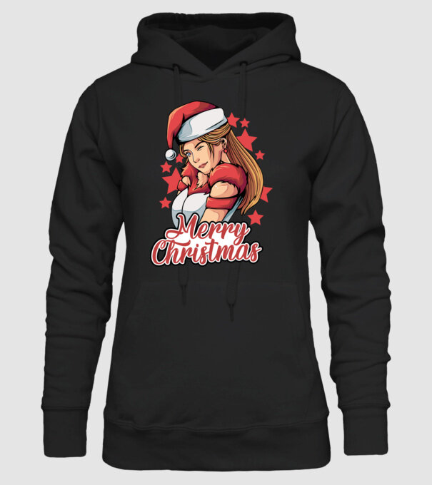 Merry christmas santa girl model negru pe tricou