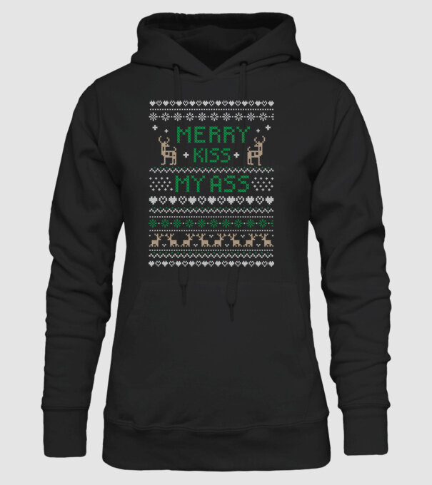 Merry kiss my ass ugly sweater model negru pe tricou