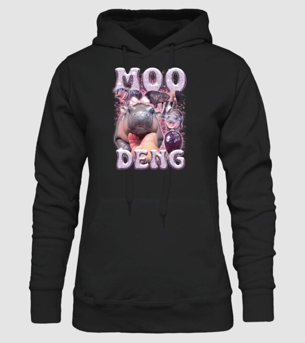 MOO DENG baby hippo model negru pe tricou