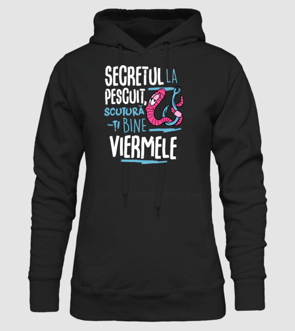 Secretul la pescuit scutură-ți bine viermele model negru pe tricou