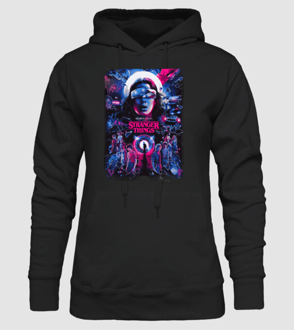 stranger things poster neon model negru pe tricou
