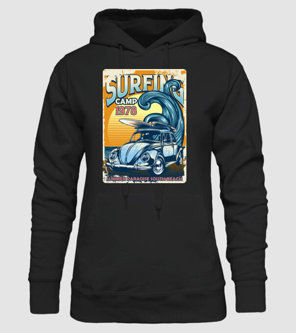 Surfer Camp model negru pe tricou