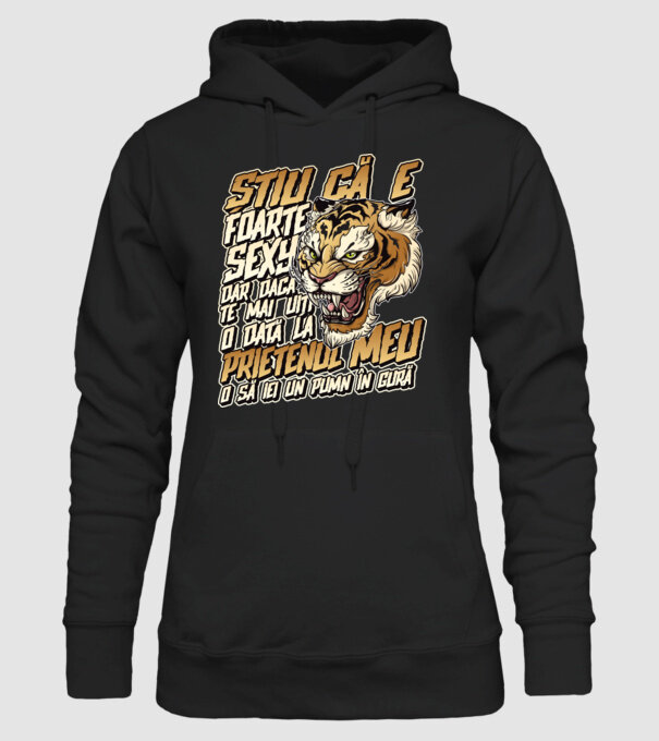 Știu că e foarte sexy, dar dacă te mai uiți o dată la prietenul meu, o să iei un pumn în gură model negru pe tricou