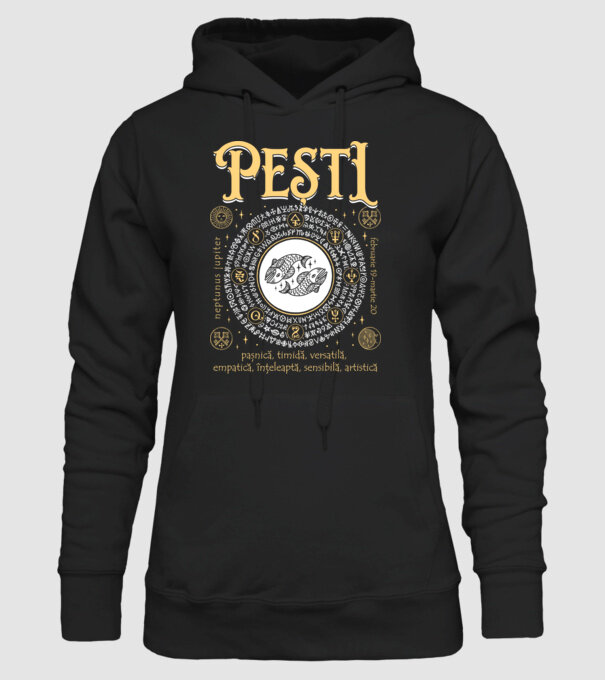 Zodiac femeie PEȘTI golden model negru pe tricou