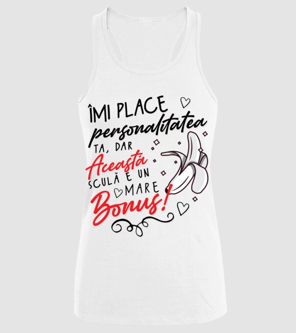 Dar această sculă e un mare bonus! model alb pe tricou