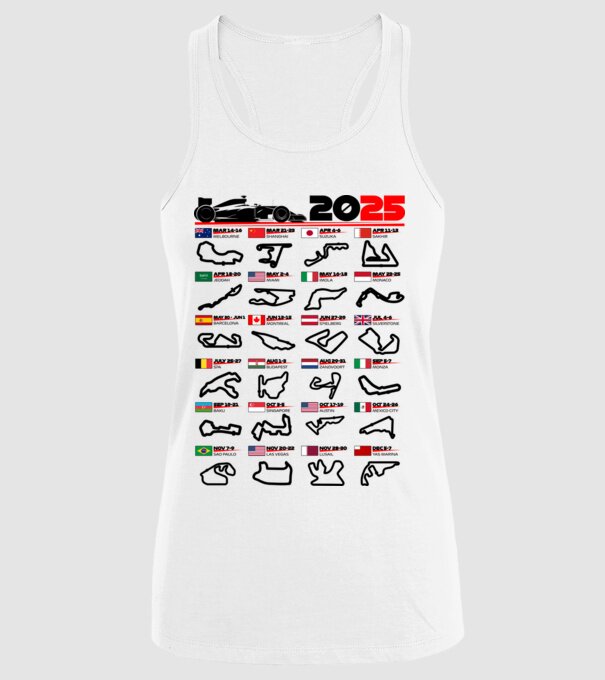 F1 calendar 2025 model alb pe tricou