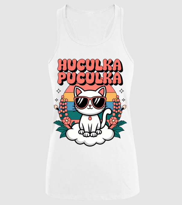 Huculka Puculka pisică 1 model alb pe tricou